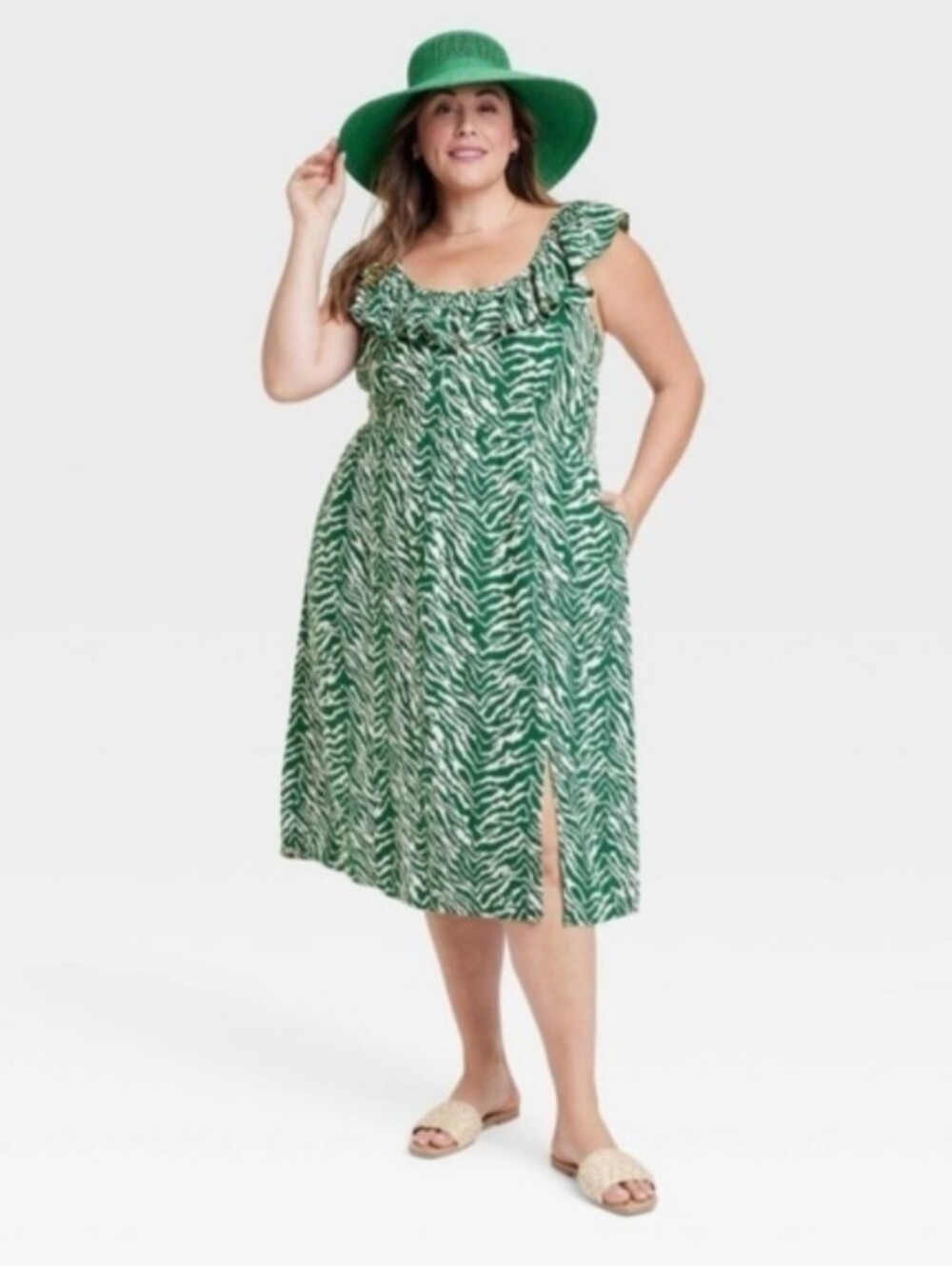 AVA AND VIV Off Shoulder Midi Dress Zebra Print Green and White with Pockets XXL